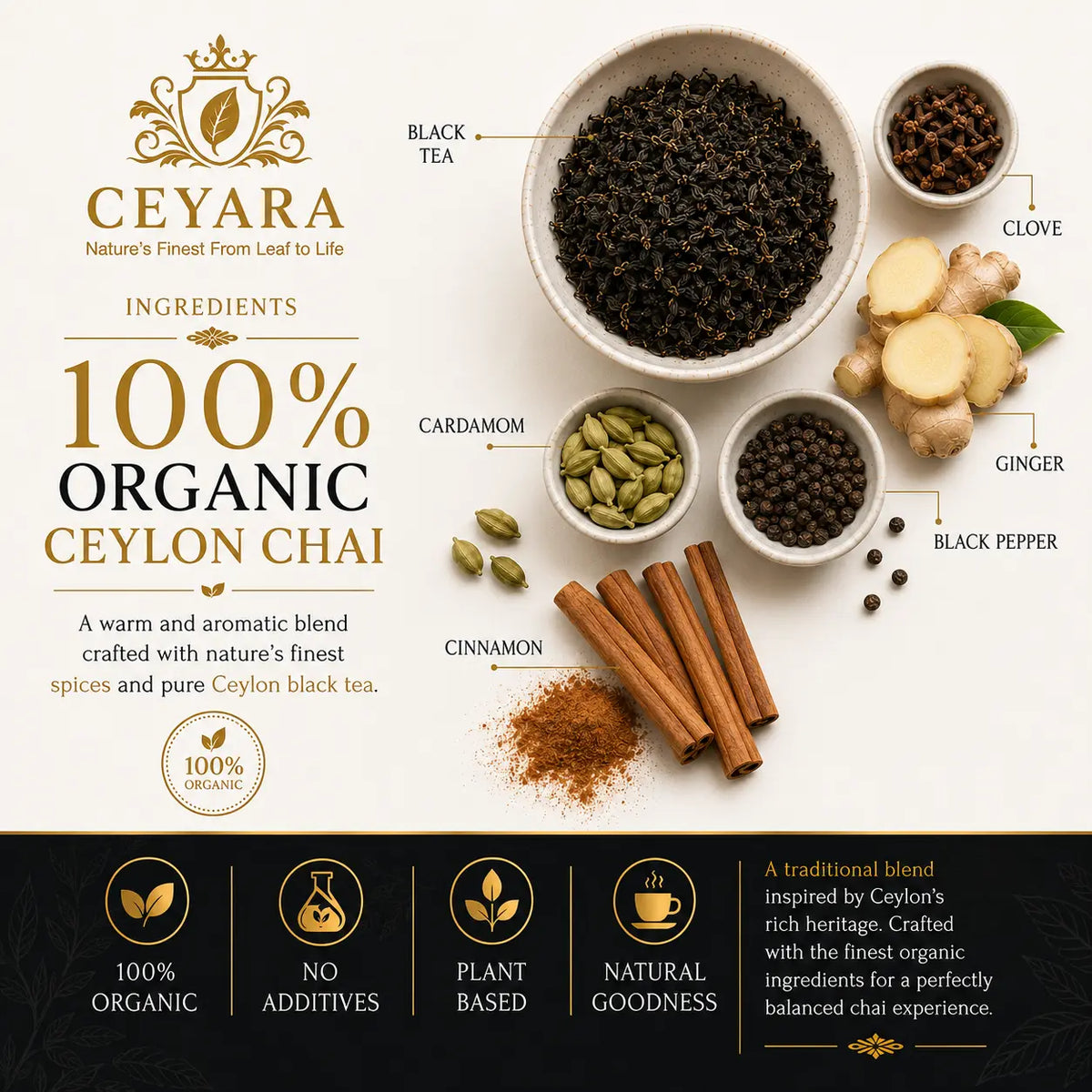 Ceyara Organic Ceylon Chai Tea with cinnamon, cardamom, ginger and cloves