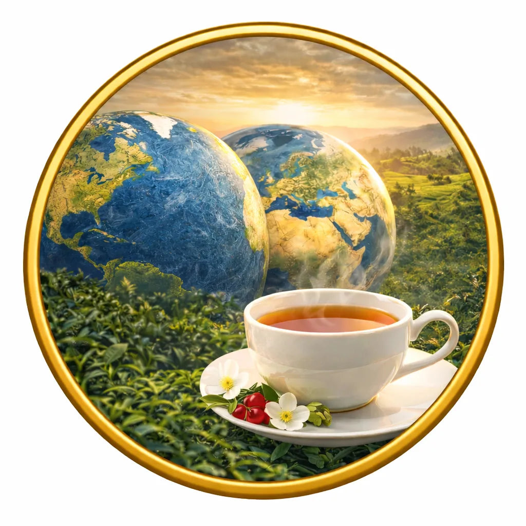 Premium Ceylon tea cup with award medals and global imagery representing internationally recognised Sri Lankan tea excellence.