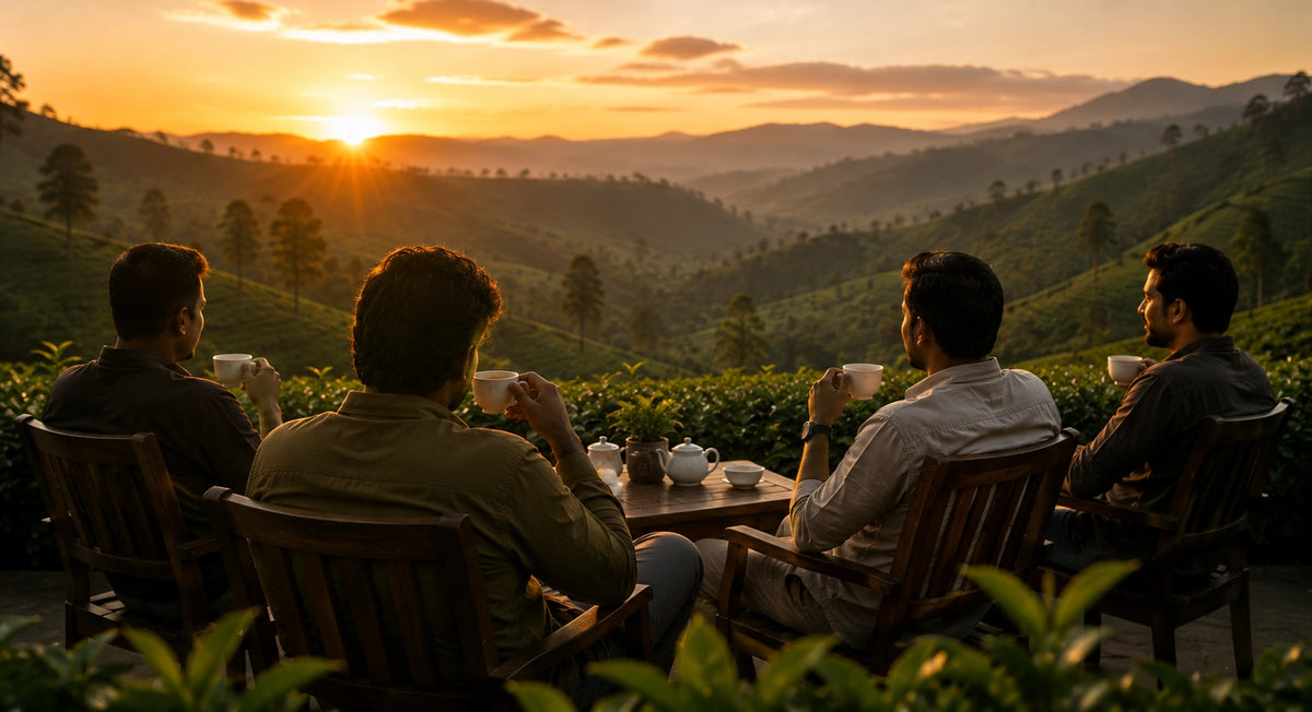 A woman enjoying tea overlooking a Sri Lankan tea garden