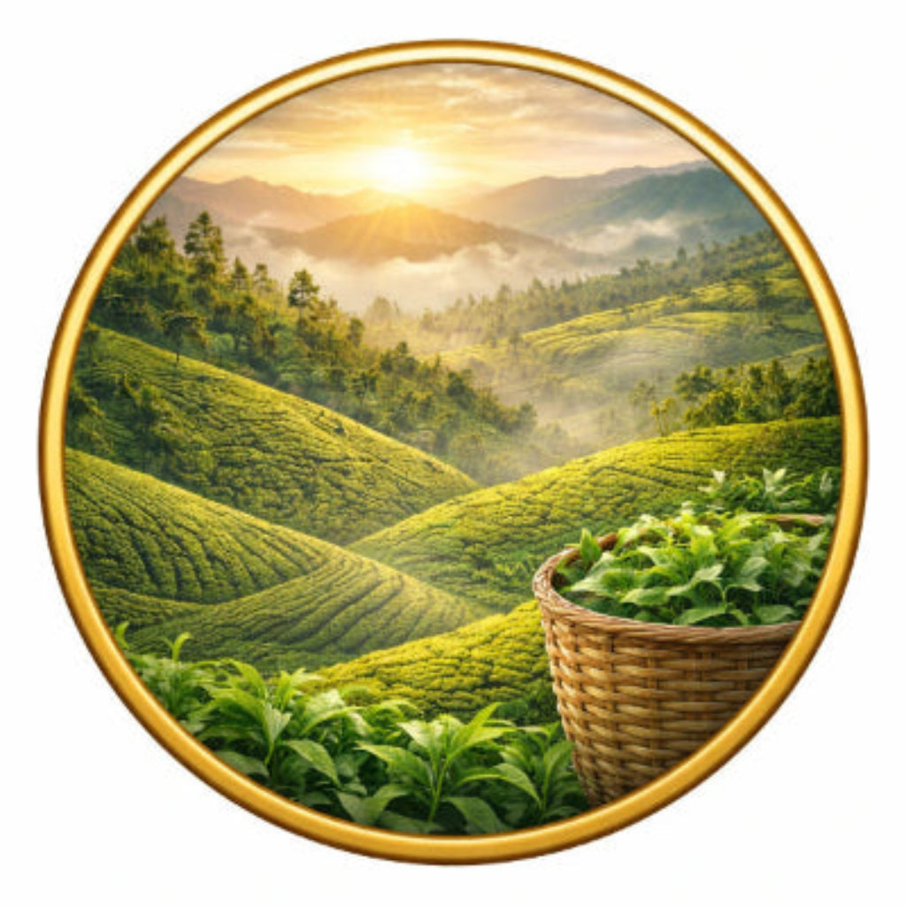 Ceylon tea plantations in Sri Lanka showing high grown, mid grown and low grown regions with lush green hills and misty landscapes.