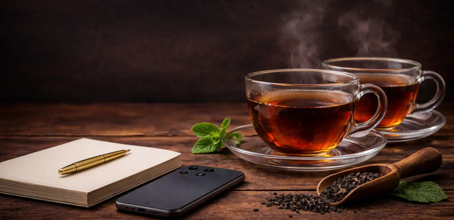 Minimalist contact page cover featuring a refined tea setting with a notebook and glass teacups, conveying calm, trust, and an inviting conversation
