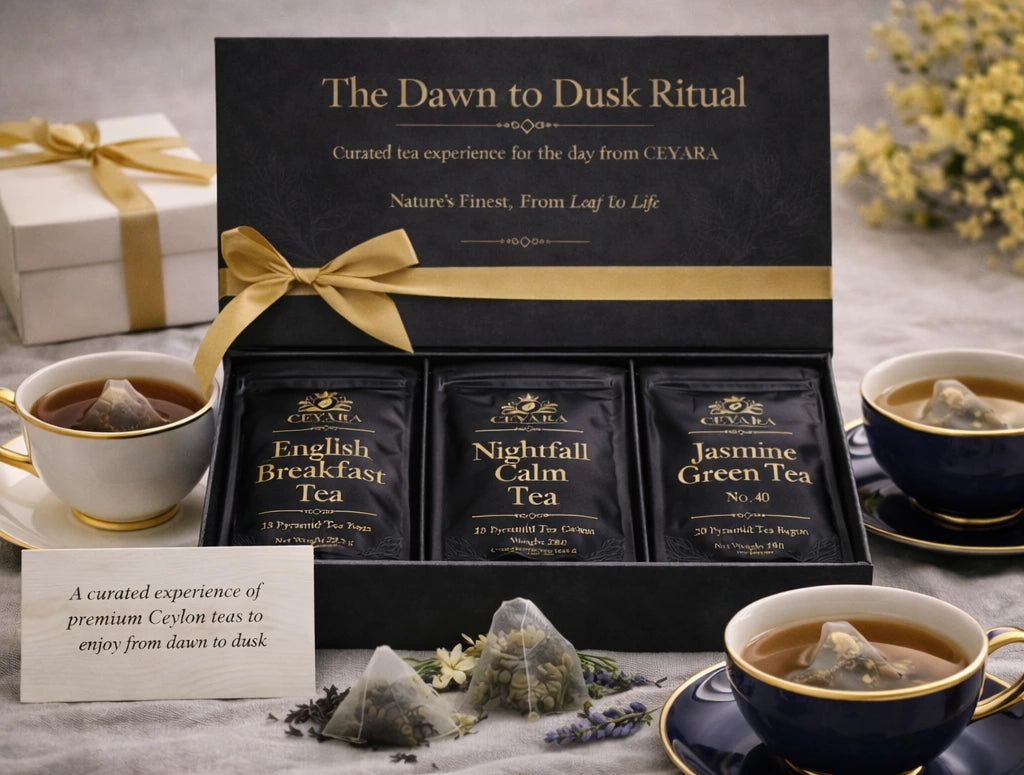 CEYARA Dawn to Dusk Ritual luxury tea gift set with premium teacups showcasing English Breakfast, Jasmine Green and Nightfall Calm tasting moment