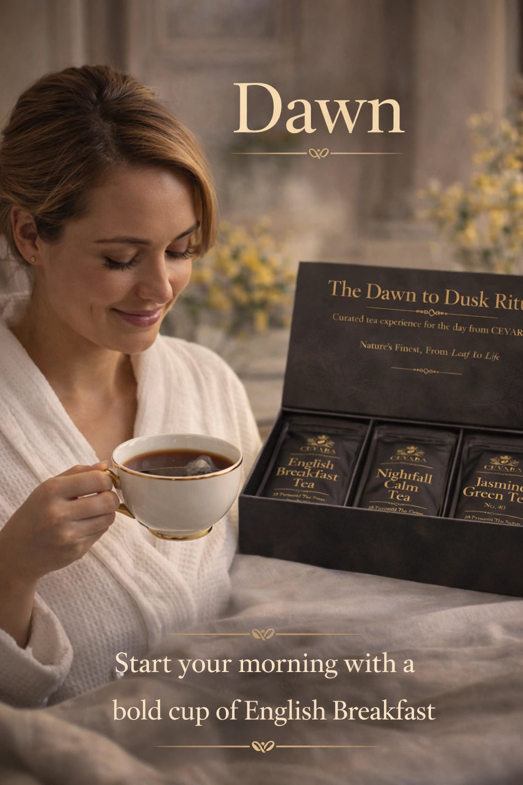 Ceyara dawn morning tea ritual with a bold breakfast brew, creating a refreshing and luxurious start to the day