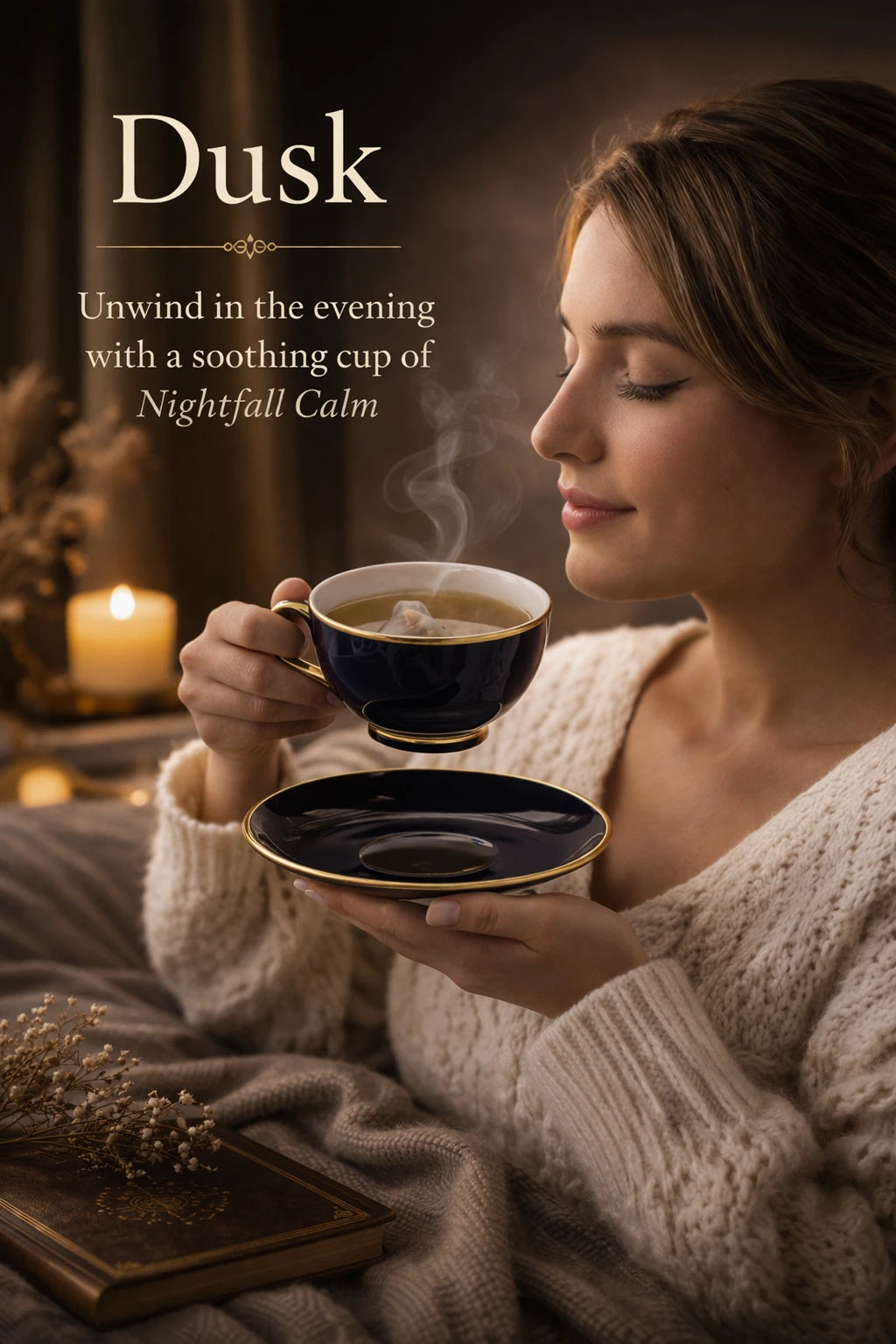 Ceyara dusk tea ritual with a calming evening brew in a premium cup, creating a serene and relaxing night-time tea moment