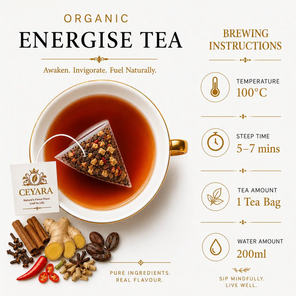 eyara Organic Energise Tea with brewed tea and brewing instructions