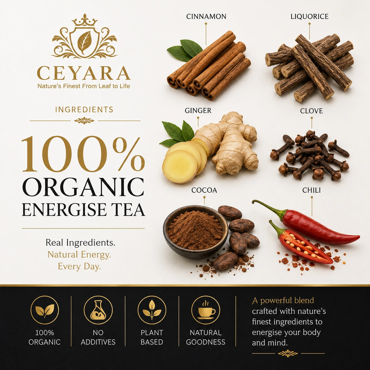 Ceyara Organic Energise Tea with cinnamon, ginger, cloves and cocoa