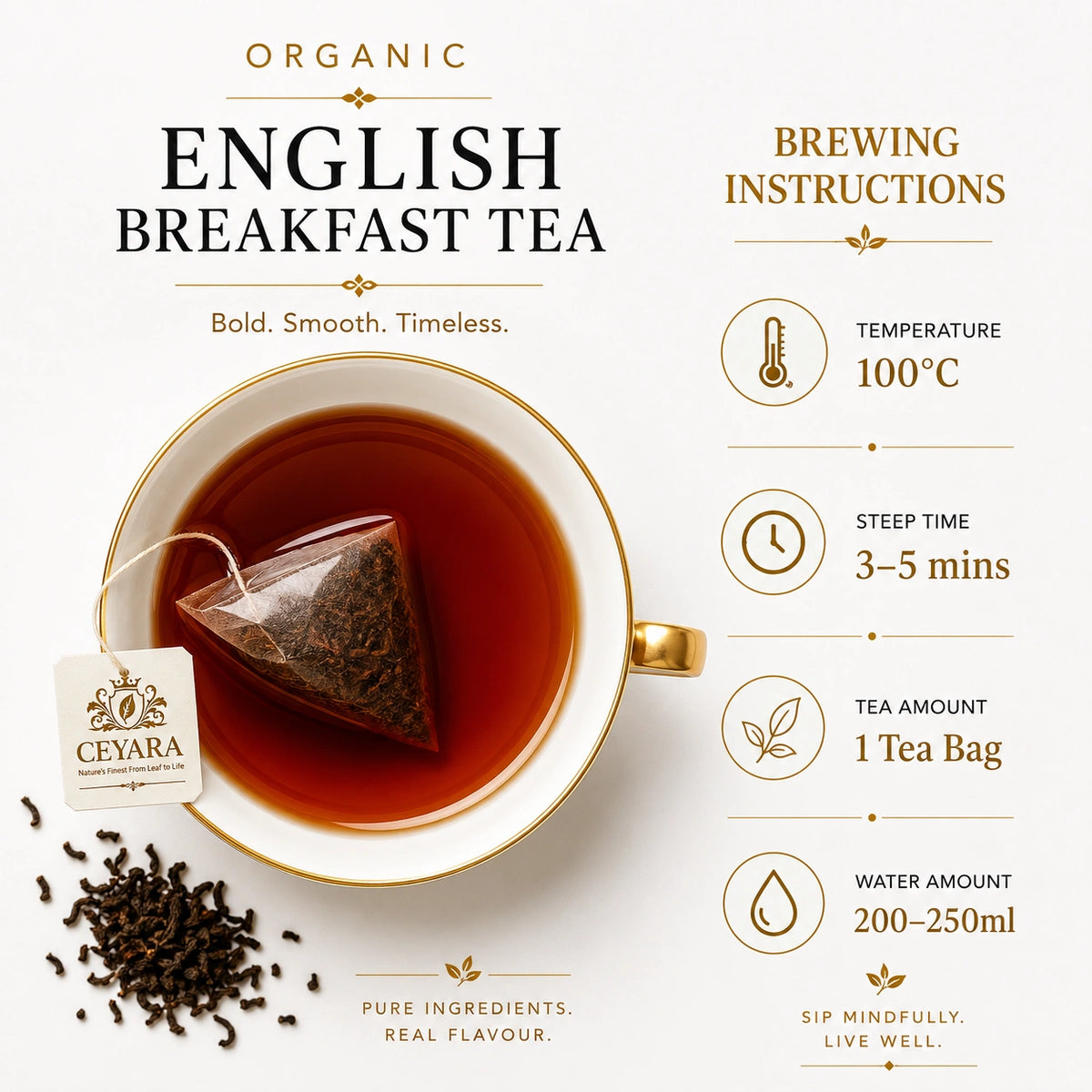Ceyara Organic English Breakfast Tea with brewing instructions