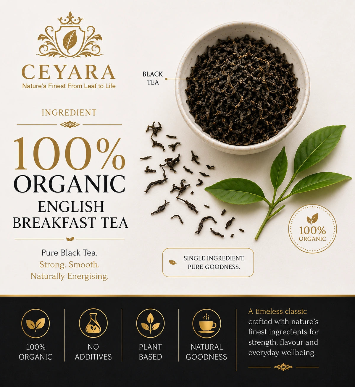 Ceyara Organic English Breakfast Tea with loose black tea leaves