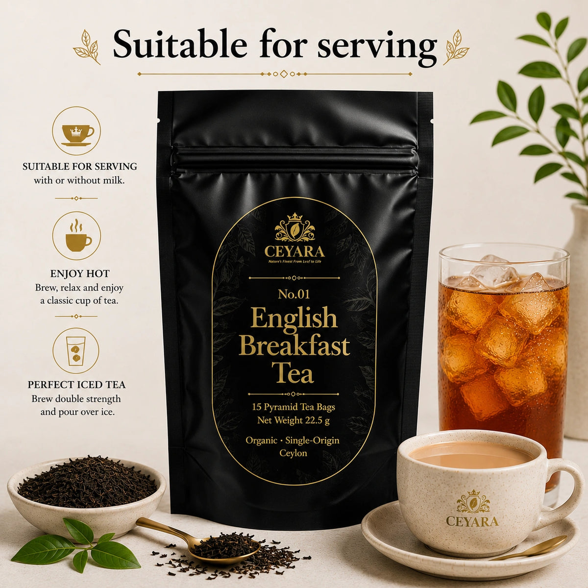 eyara English Breakfast Ceylon black tea pouch with serving suggestions