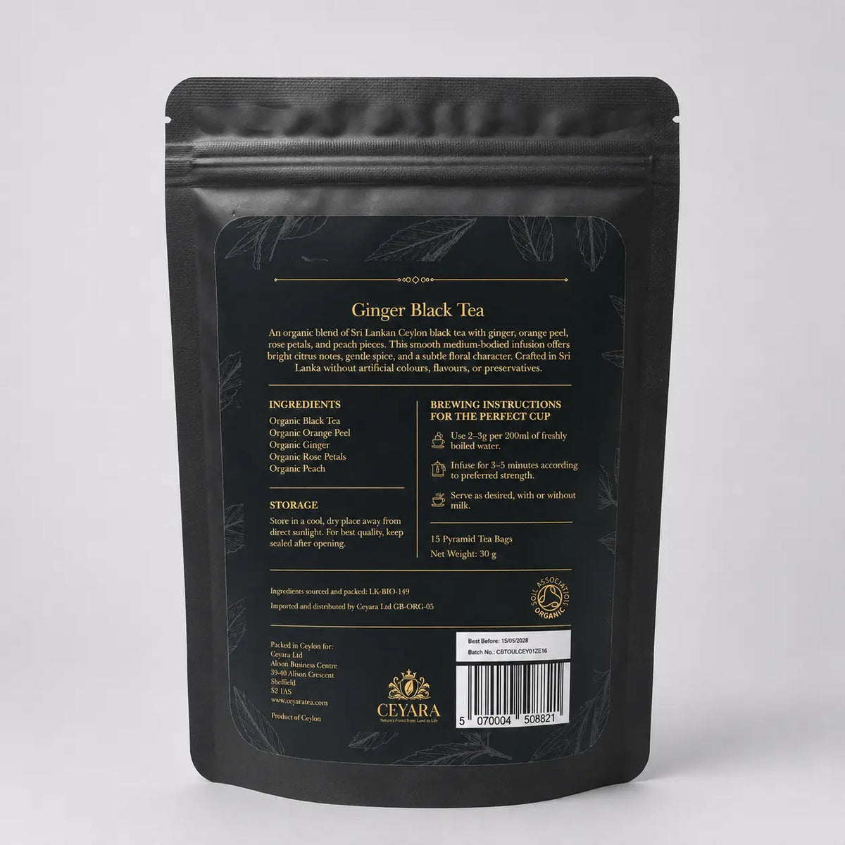 Back of Ceyara Ginger Black Tea pouch with ingredients and brewing instructions