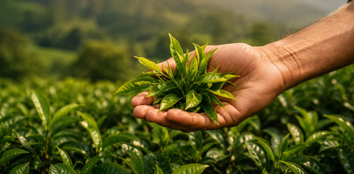 Fresh tea leaves held above a tea garden