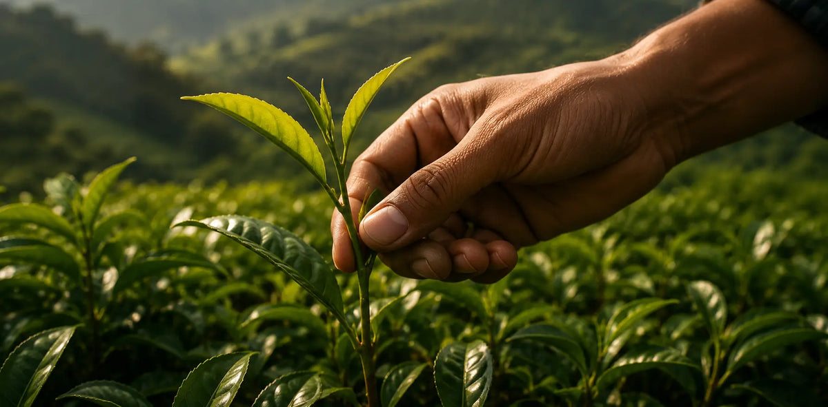 Tea leaf being carefully hand plucked