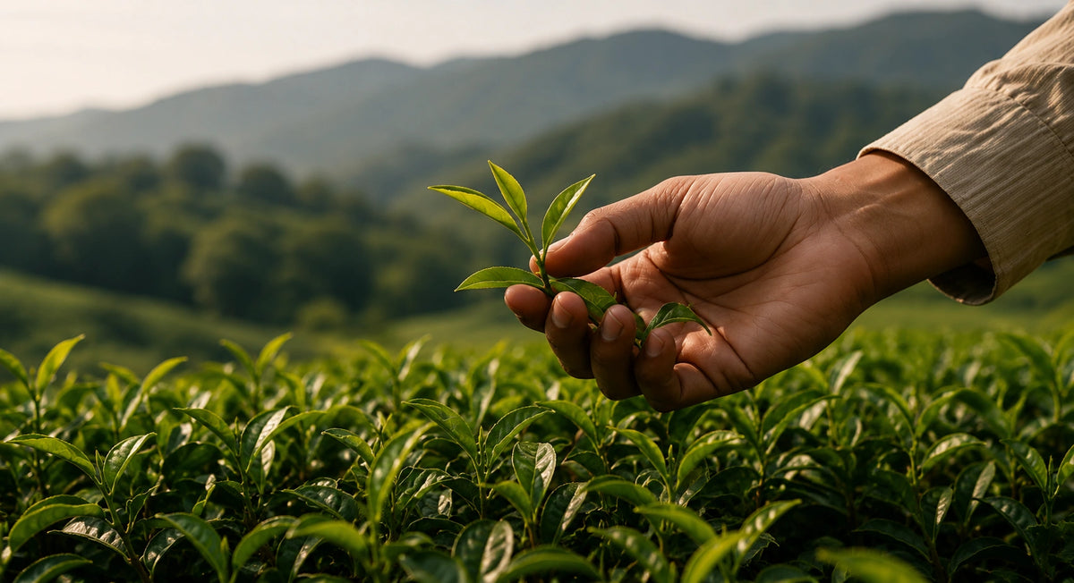 Fresh tea leaves being carefully hand picked in Sri Lanka