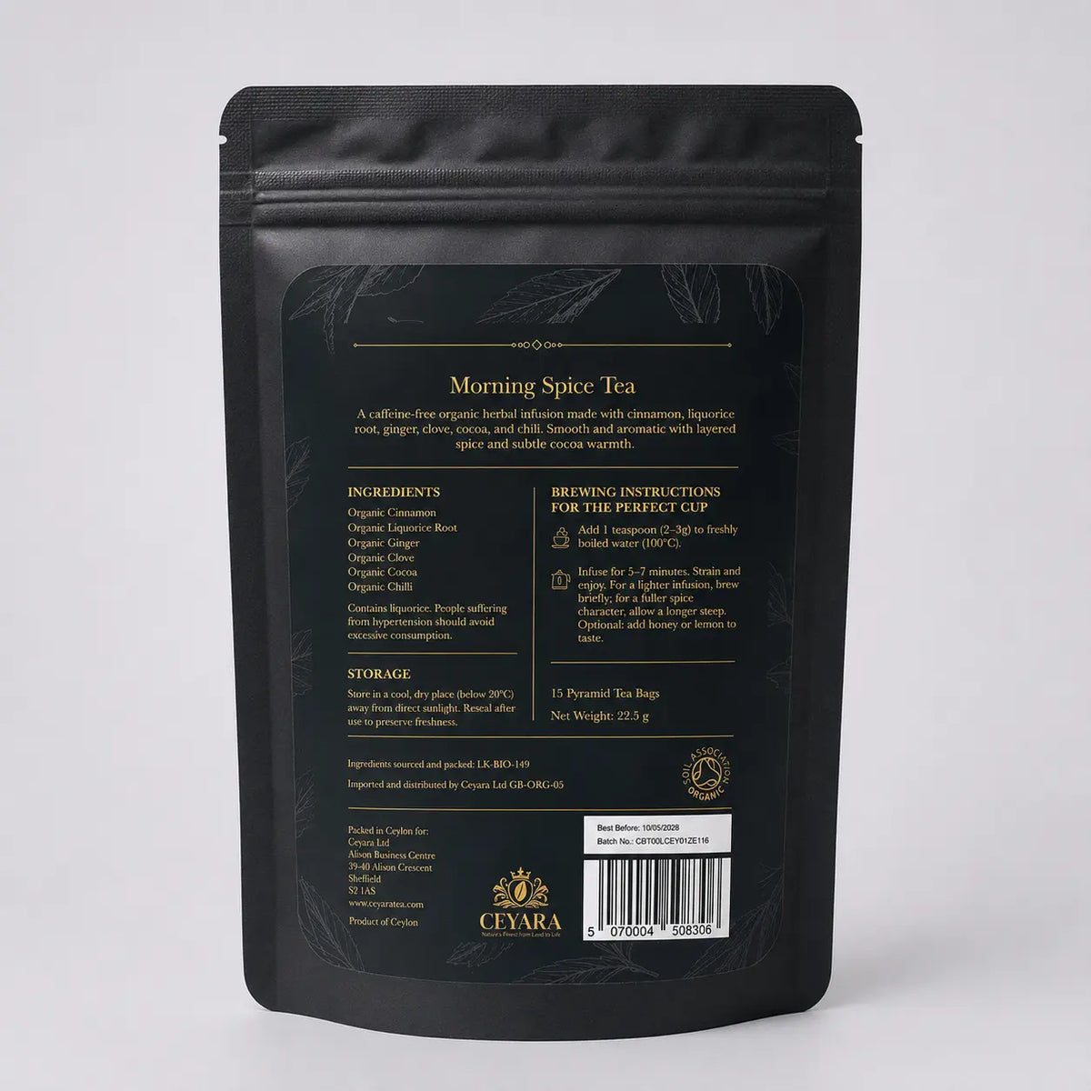 Back of Ceyara Morning Spice Tea pouch with ingredients and brewing instructions