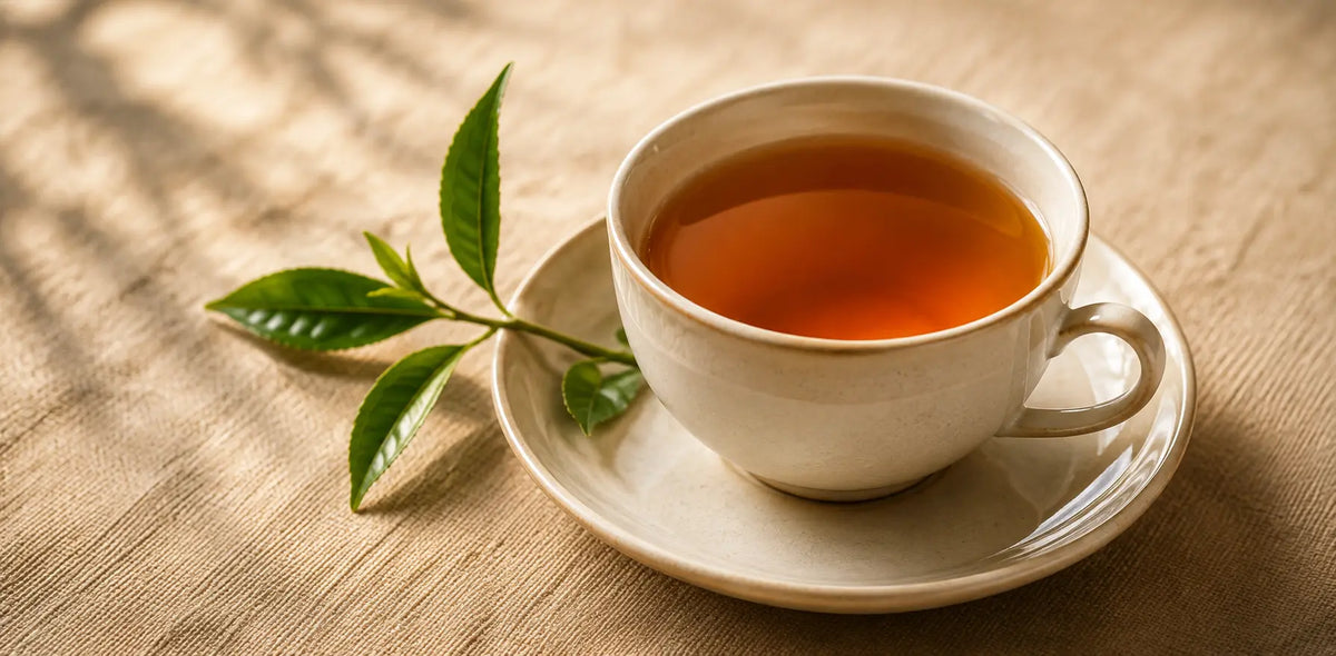 Freshly brewed cup of transparent amber Ceylon tea