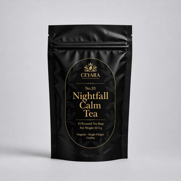 CEYARA Nightfall Calm Herbal Infusion with chamomile and soothing botanicals in elegant packaging