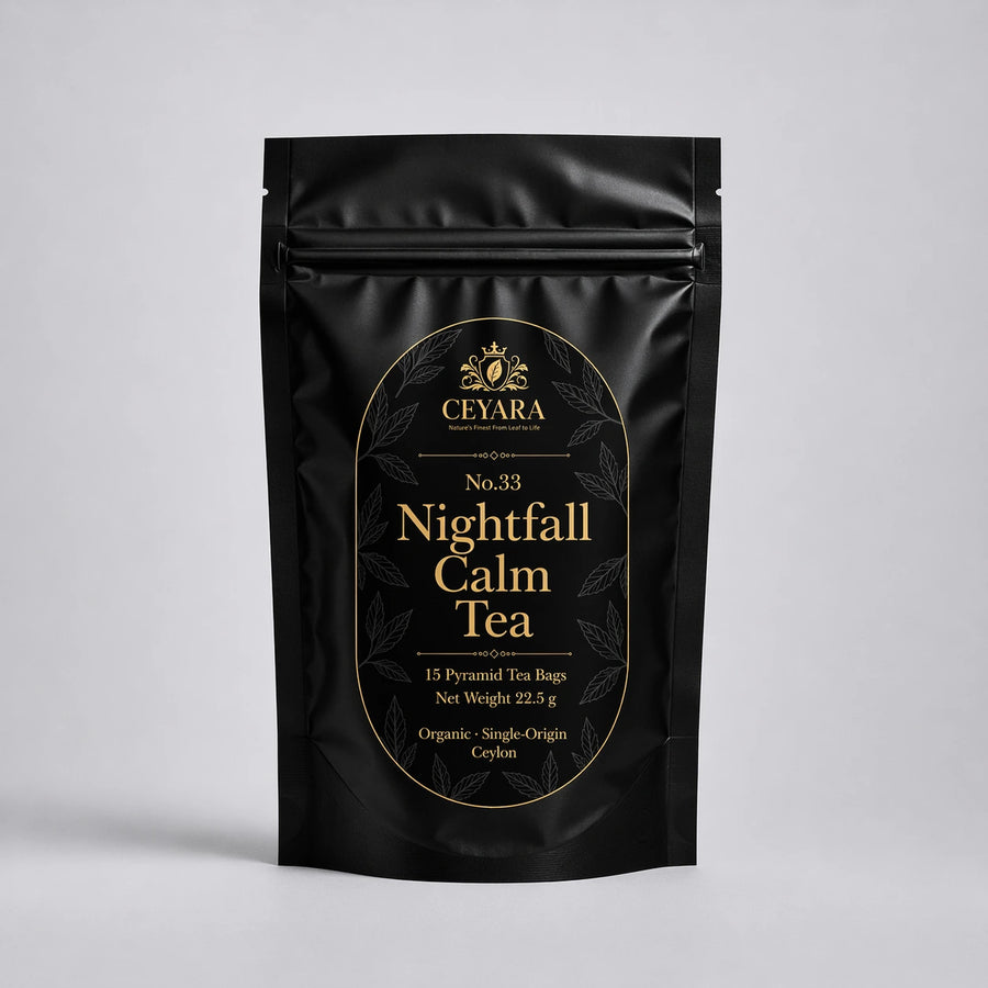 CEYARA Nightfall Calm Herbal Infusion with chamomile and soothing botanicals in elegant packaging