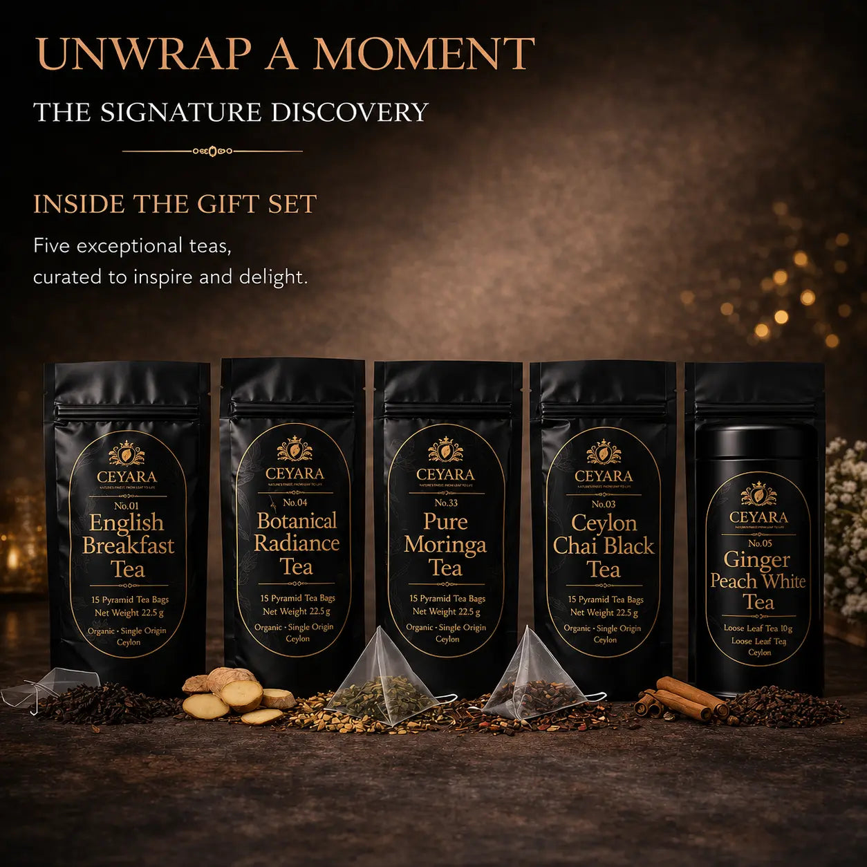 Ceyara Signature Ritual tea collection displayed with premium black tea pouches and loose leaf tin in elegant gift set presentation