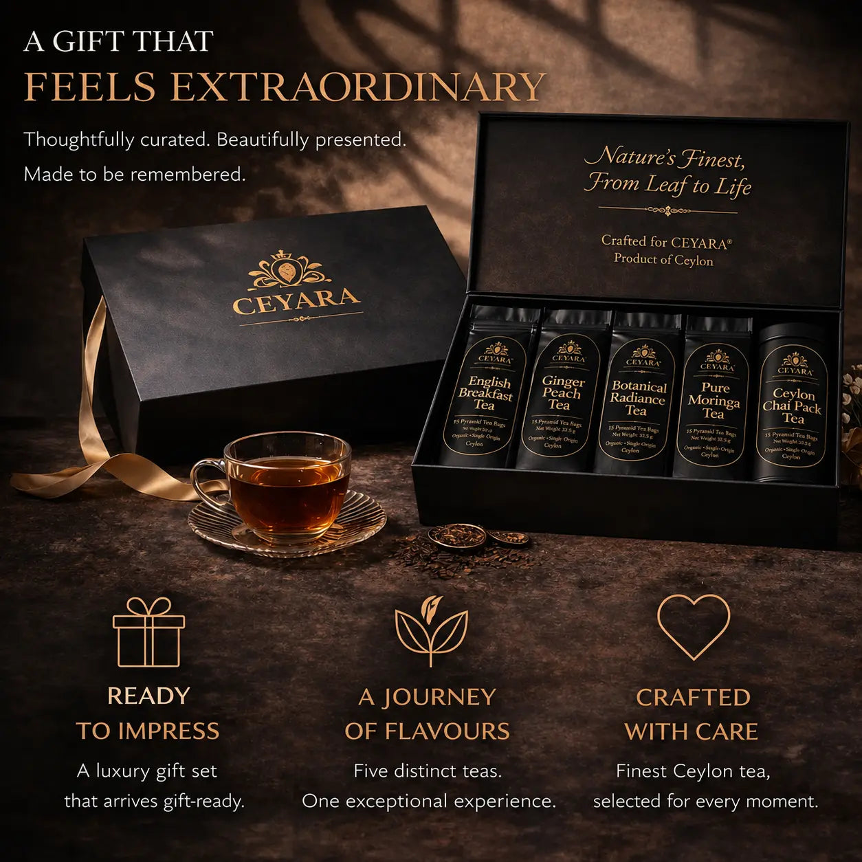 Luxury Ceyara Signature Ritual tea gift box display featuring premium Sri Lankan teas in elegant black and gold packaging