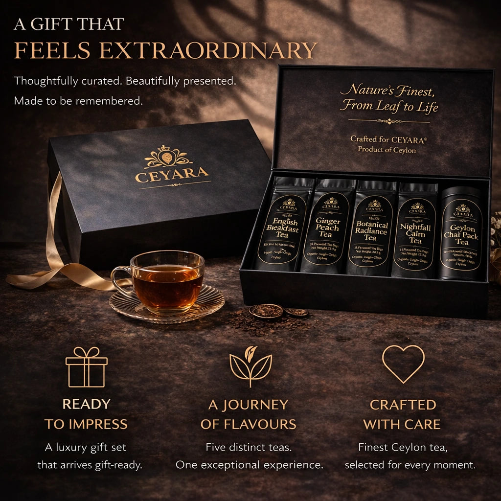 Luxury Ceyara Signature Ritual tea gift box display featuring premium Sri Lankan teas in elegant black and gold packaging