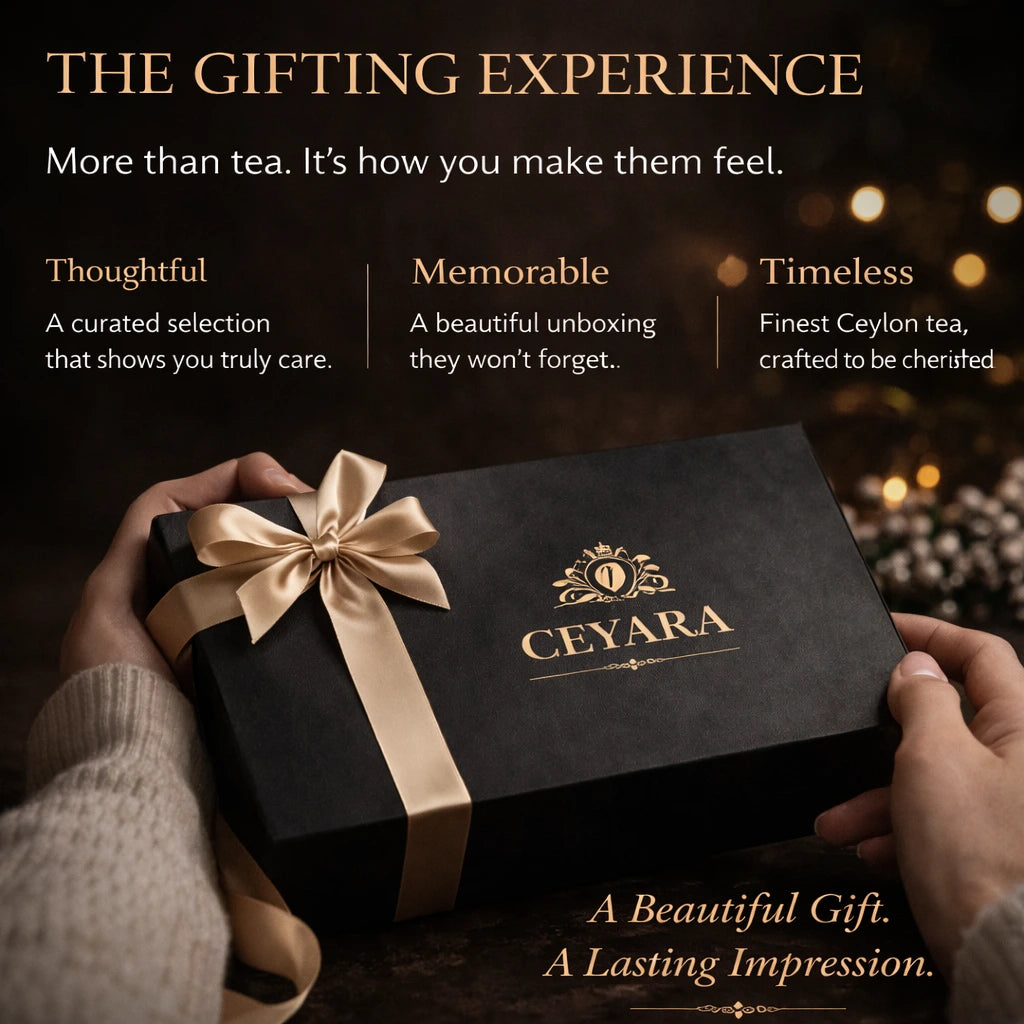 Ceyara Signature Ritual premium tea gift set presented in a luxury black gift box with gold ribbon, featuring curated Sri Lankan wellness teas