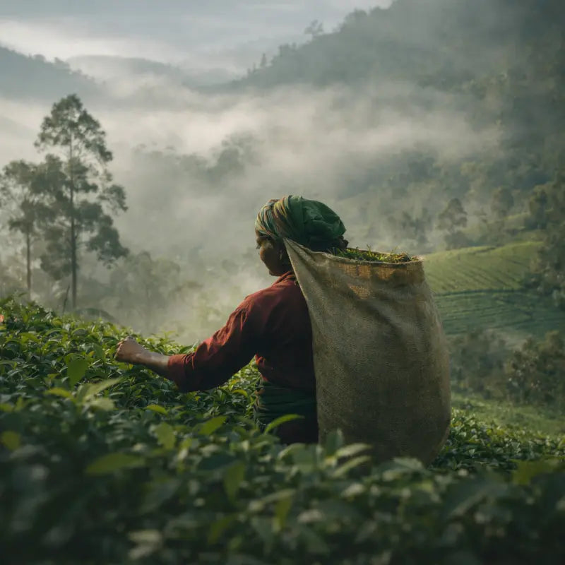 Sri Lankan tea farmers carefully sorting freshly plucked tea leaves using traditional methods to ensure ethical sourcing and premium quality processing.