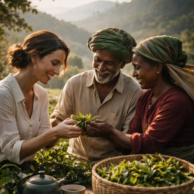 CEYARA representative and Sri Lankan tea farmers forming ethical partnership in tea estate, symbolising fair trade, quality standards, and long-term collaboration.