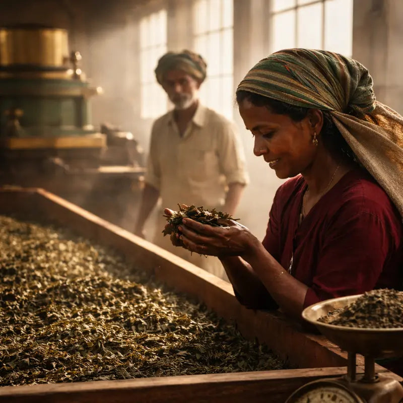 Sri Lankan tea farmers carefully sorting freshly plucked tea leaves using traditional methods to ensure ethical sourcing and premium quality processing.