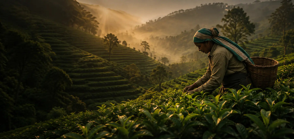 Sunrise over a Ceylon tea plantation