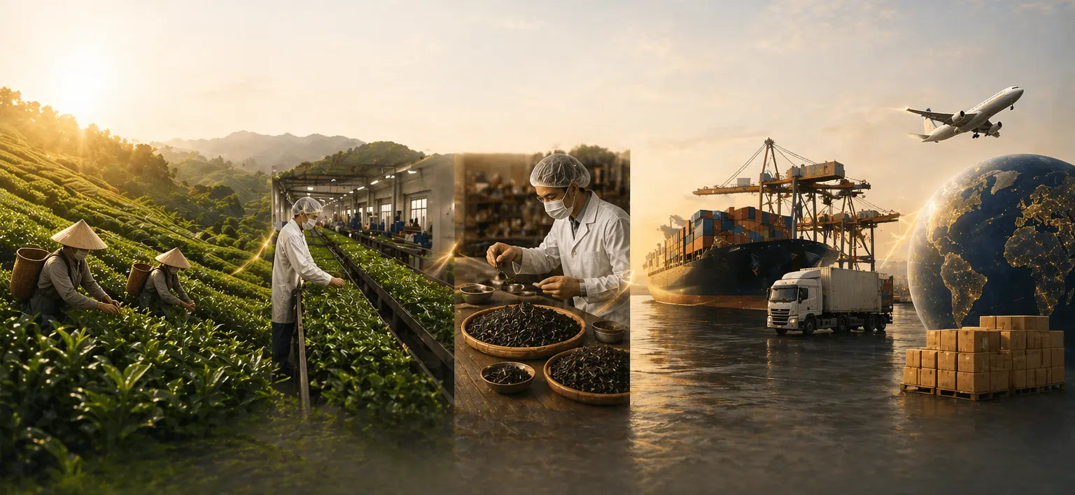 Premium Sri Lankan tea wholesale process showing tea plantation harvesting, factory processing, quality control, packaging, and global export logistics with Ceyara branded container for B2B supply.