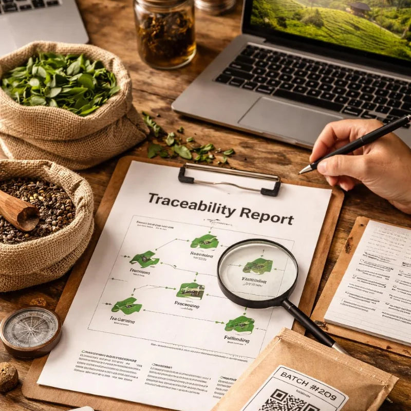 Loose-leaf tea batch prepared with traceable sourcing from origin to packaging