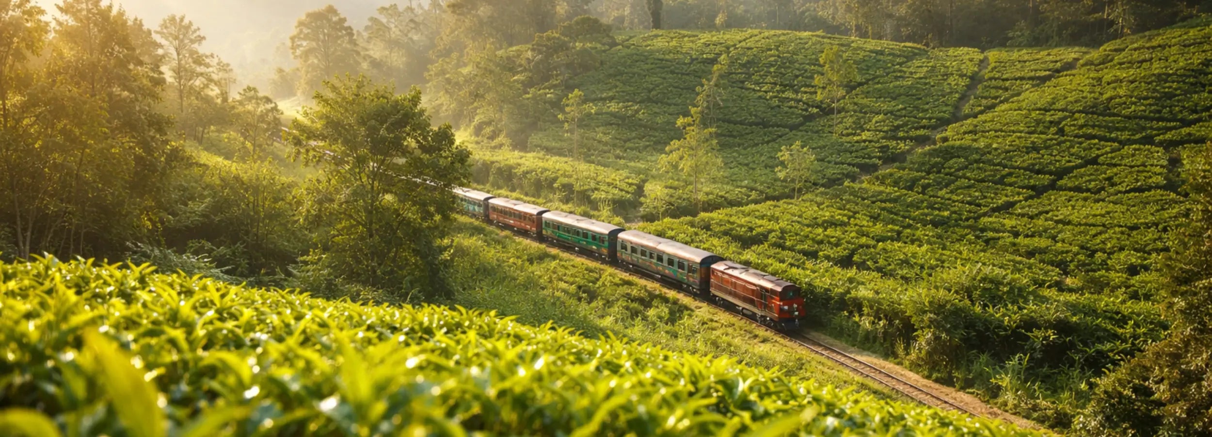 Golden sunrise over Sri Lankan highland tea plantations with a train passing through lush Pure Ceylon tea fields.