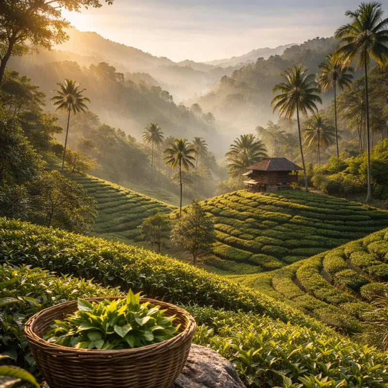 ea leaves growing in the highlands of Sri Lanka where Ceylon tea is traditionally cultivated